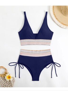Navy High-Waist Bikini Set with Crochet Trim